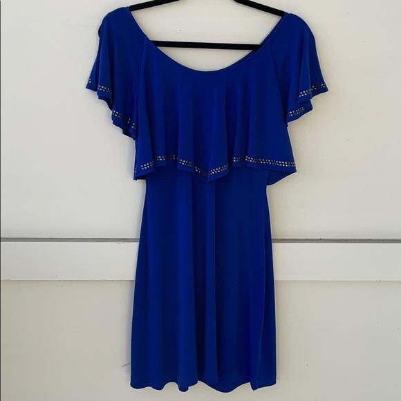 Guess Blue Cold Shoulder Ruffle Studded Dress - Picture 2 of 5